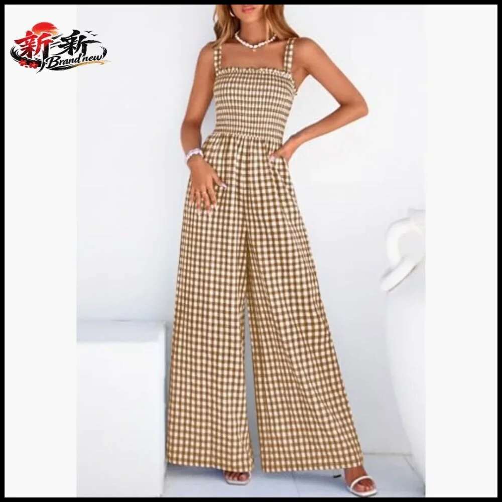 Smocked Wide Leg Gingham Romper, Square Neck, Sleeveless, Pull On